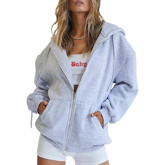 Tops - Women's Grey Oversized Hoodie with Zipper and 'Baby' Graphic Stylish